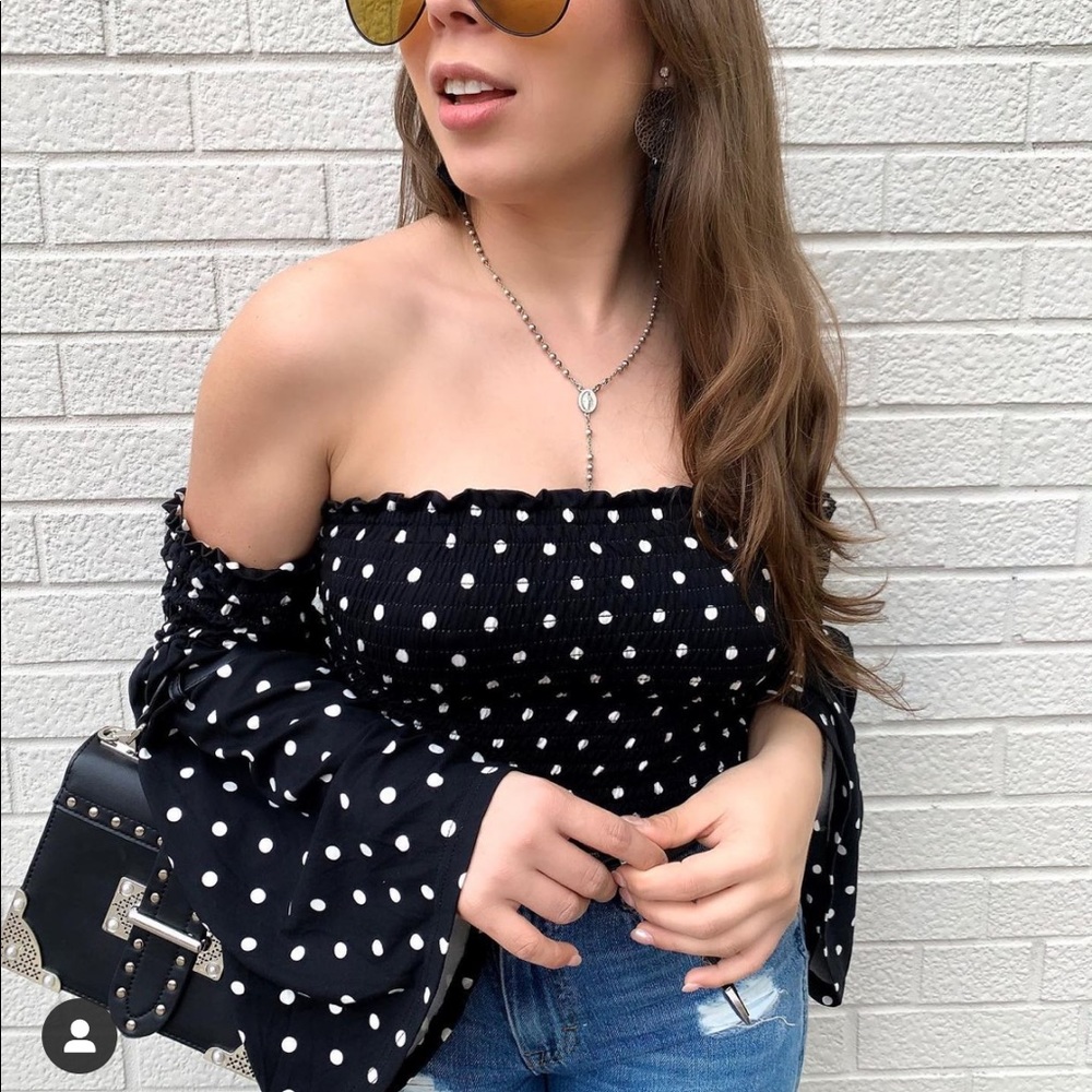 Off The Shoulders Polka Dot Top with Bell Sleeves - Picture 1 of 8
